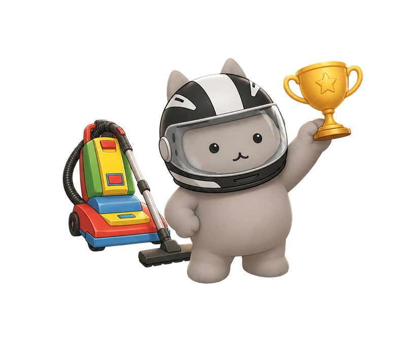 Motey riding a toy vacuum cleaner, holding a golden trophy