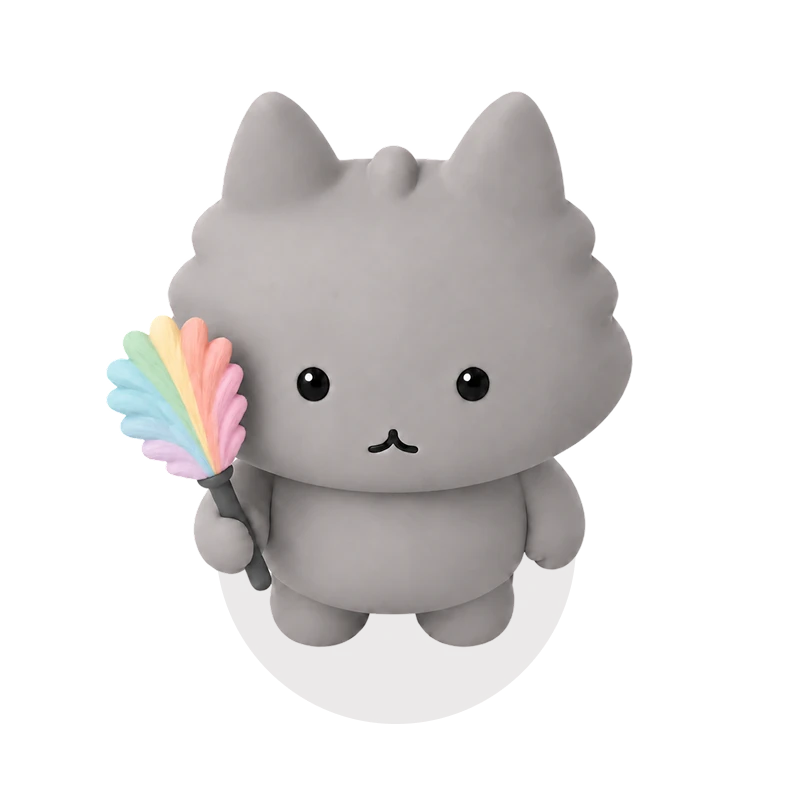 Motey holding a rainbow feather duster