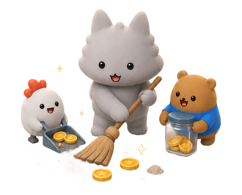 Motey and friends sweeping up coins while cleaning
